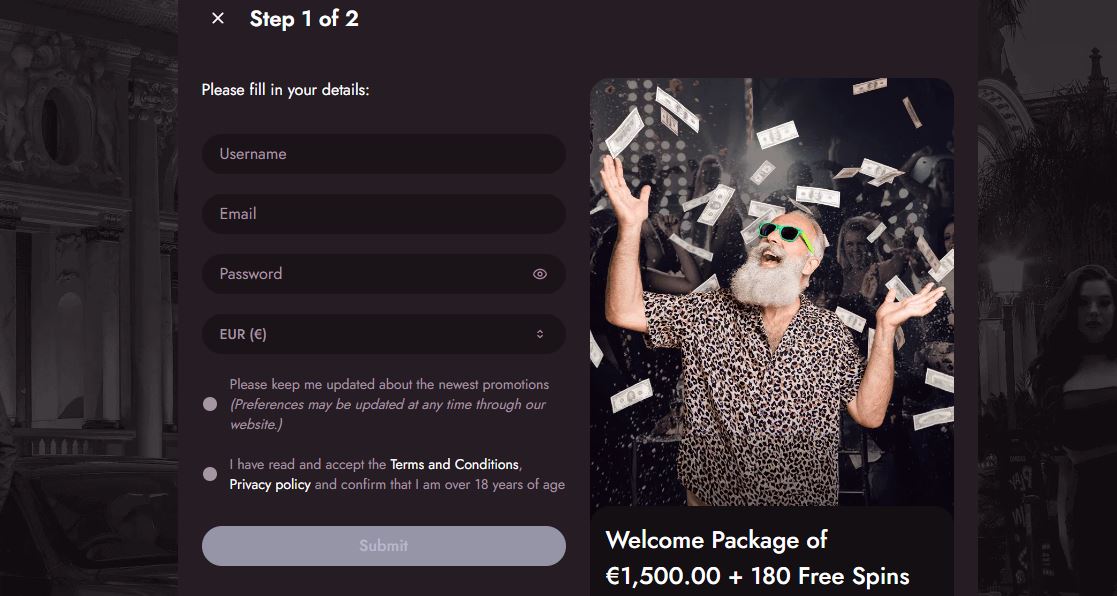 Register step one and claim €1500 welcome bonus with 180 free spins