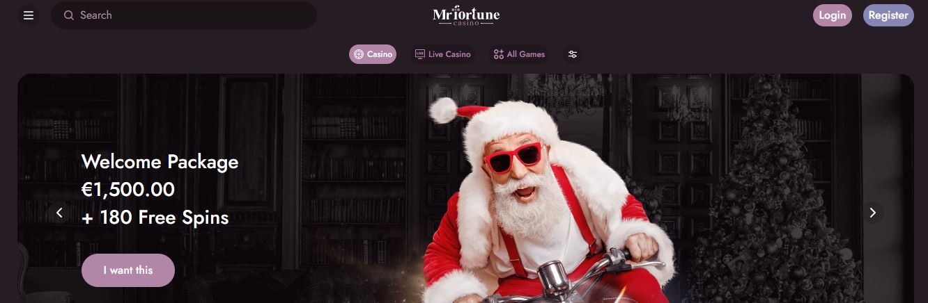 Claim €1500 welcome package with 180 free spins at Mr Fortune